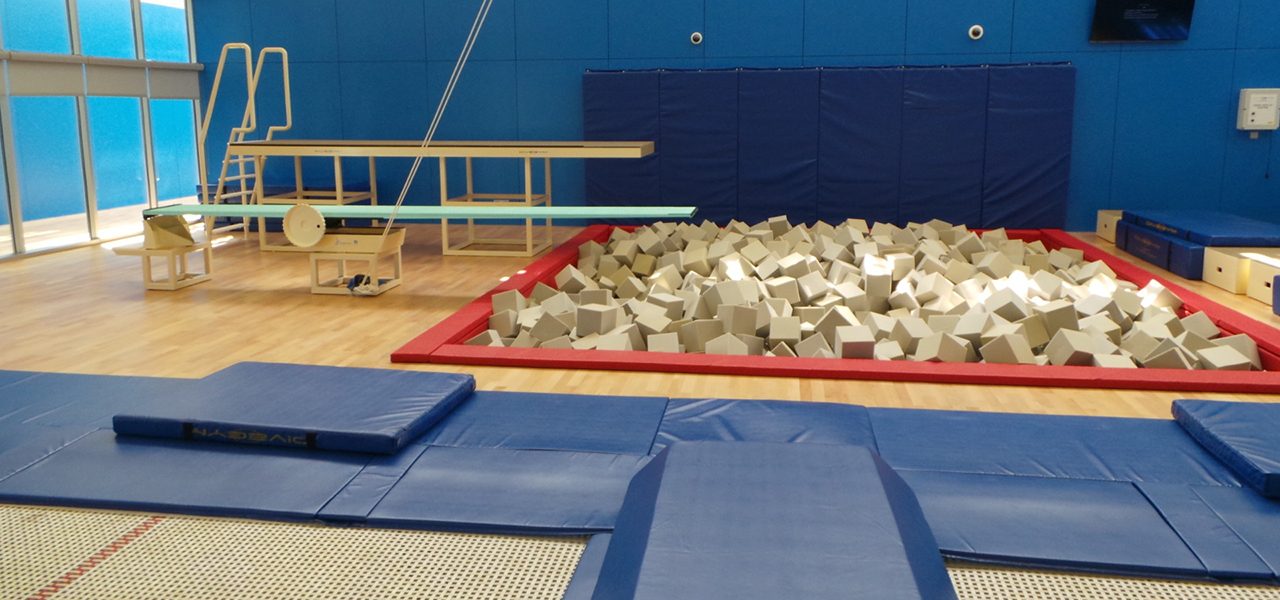 Foam pit beside blue training mats