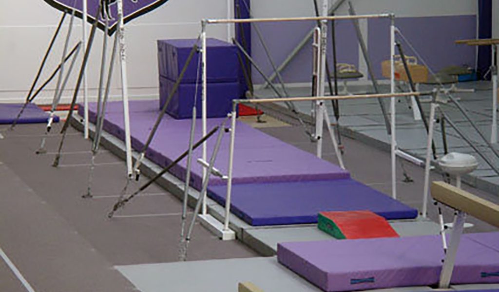 Purple fitted mats beneath a gymnastics bars area